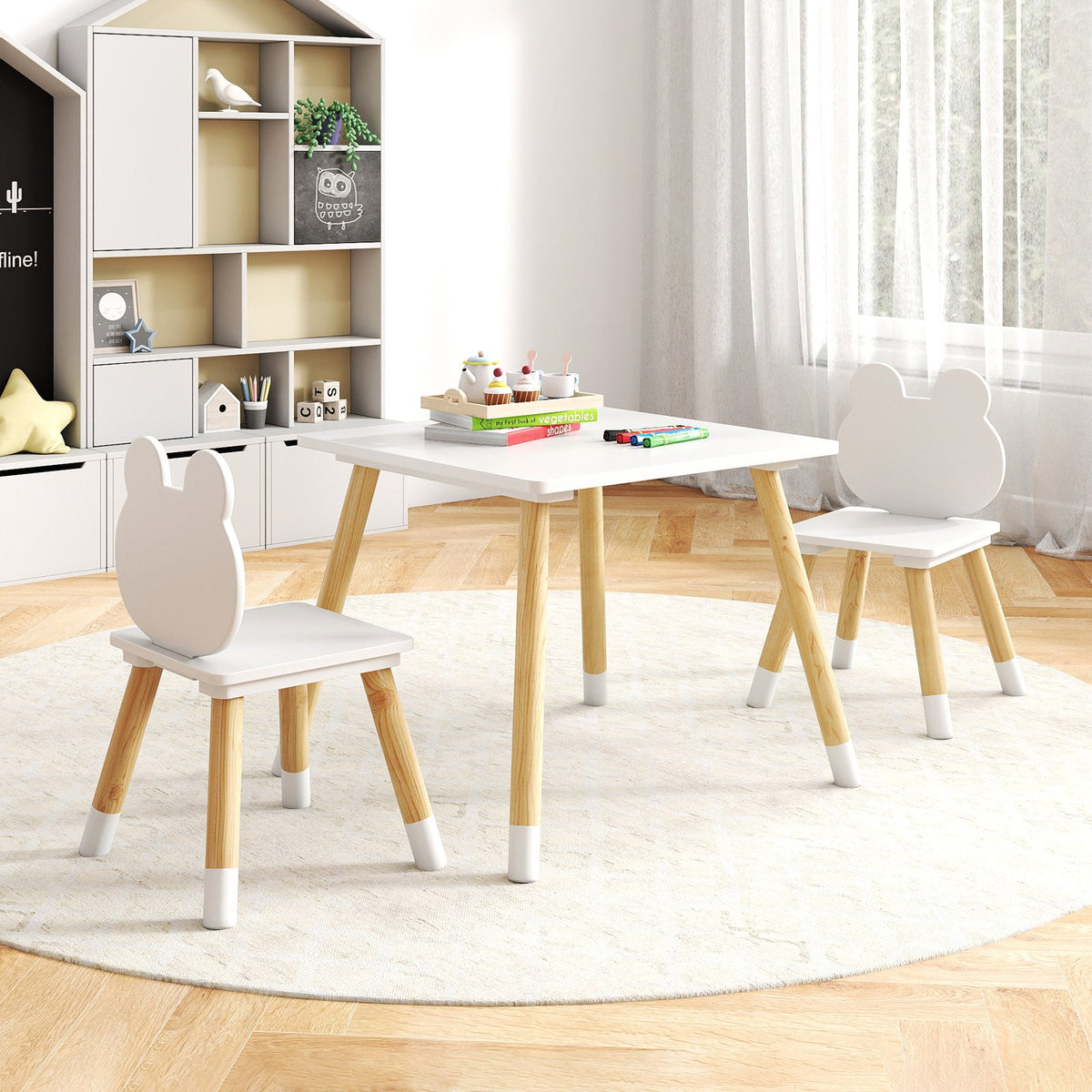 3 Pieces Kids Wooden Table and Chair Set with Cute Froggy Design-White view 2