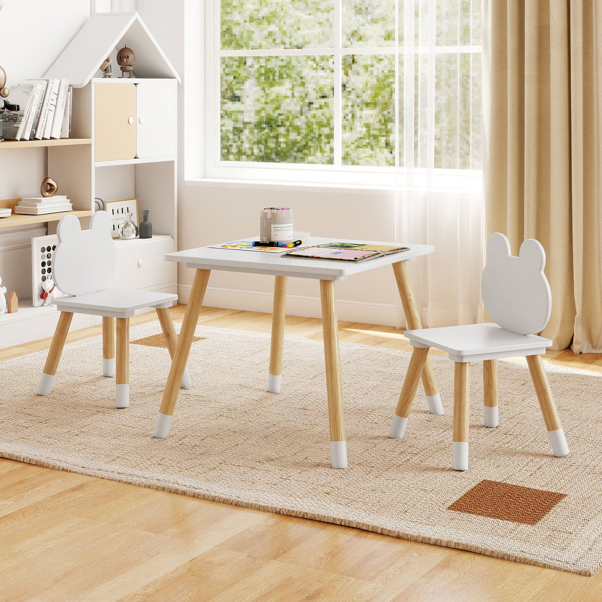 3 Pieces Kids Wooden Table and Chair Set with Cute Froggy Design-White view 6