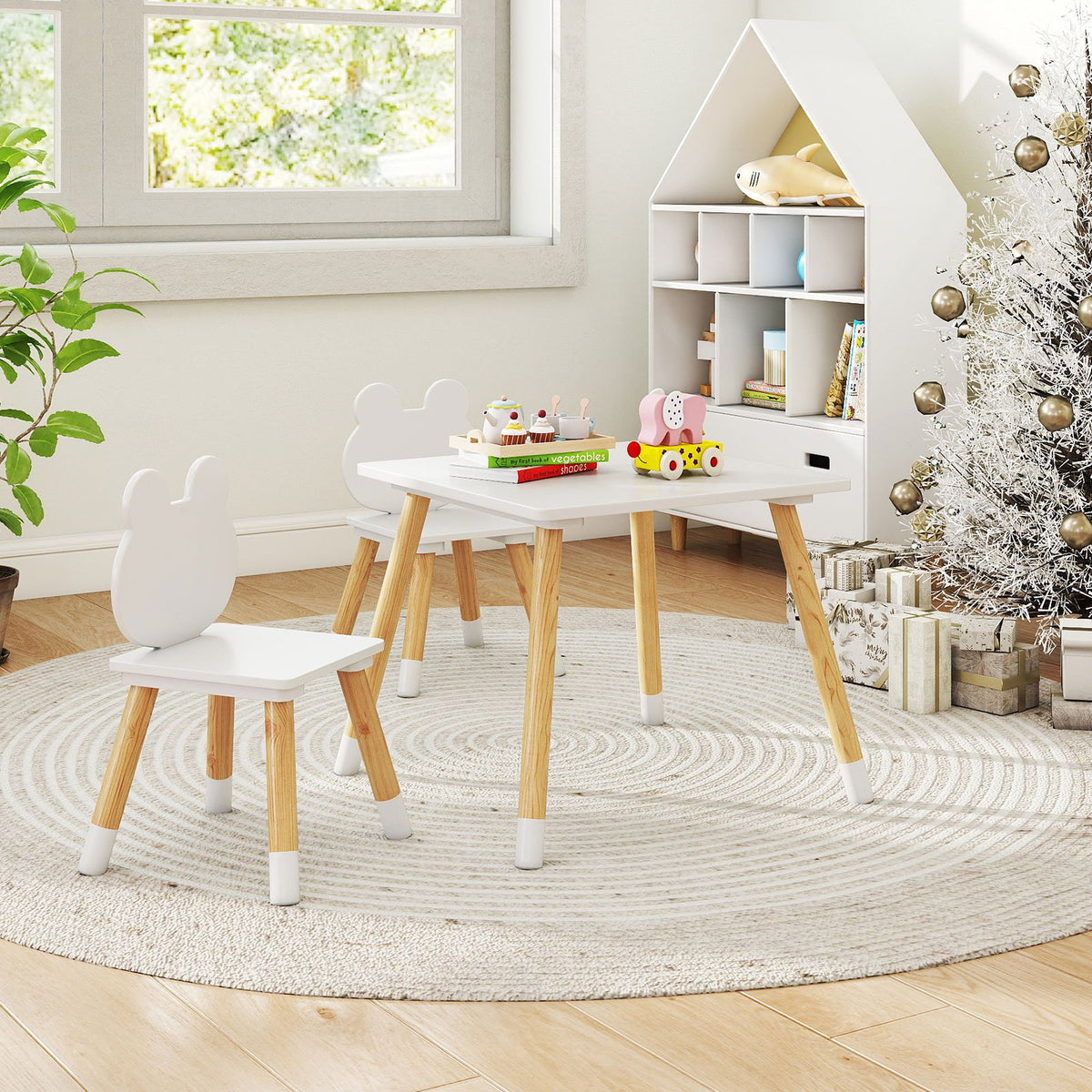 3 Pieces Kids Wooden Table and Chair Set with Cute Froggy Design-White view 7