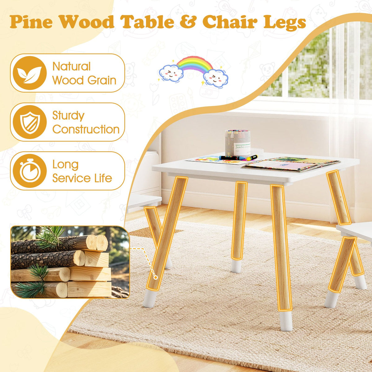 3 Pieces Kids Wooden Table and Chair Set with Cute Froggy Design-White view 9