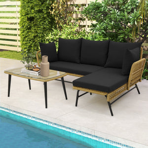 3 Pieces L-Shaped Patio Sofa with Cushions and Tempered Glass Table-Black view 2