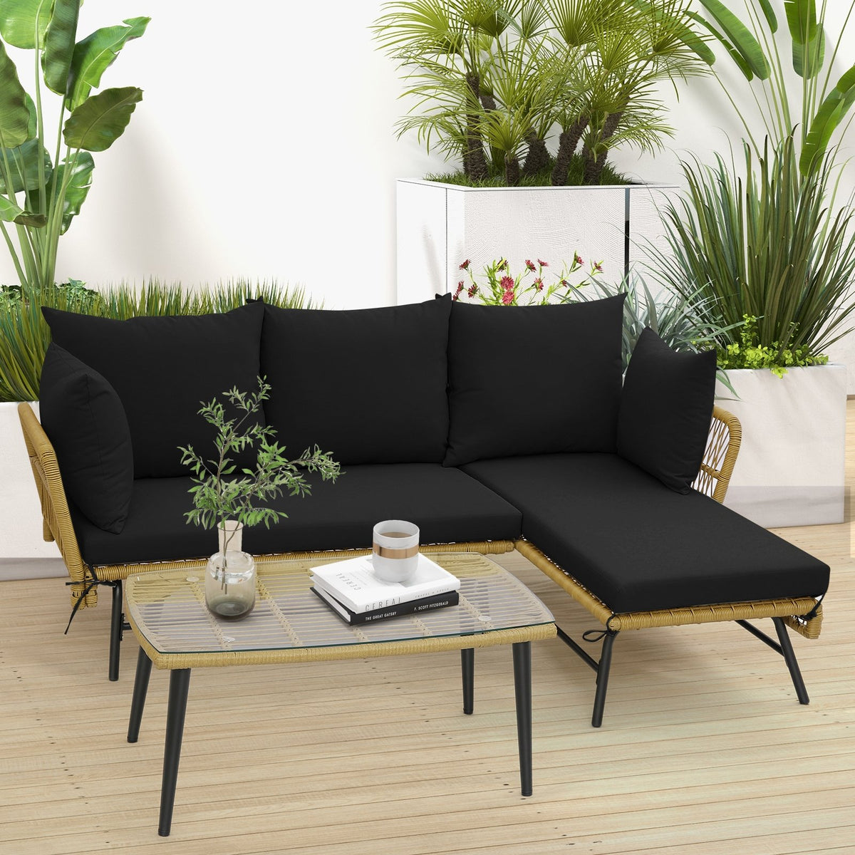 3 Pieces L-Shaped Patio Sofa with Cushions and Tempered Glass Table-Black view 3
