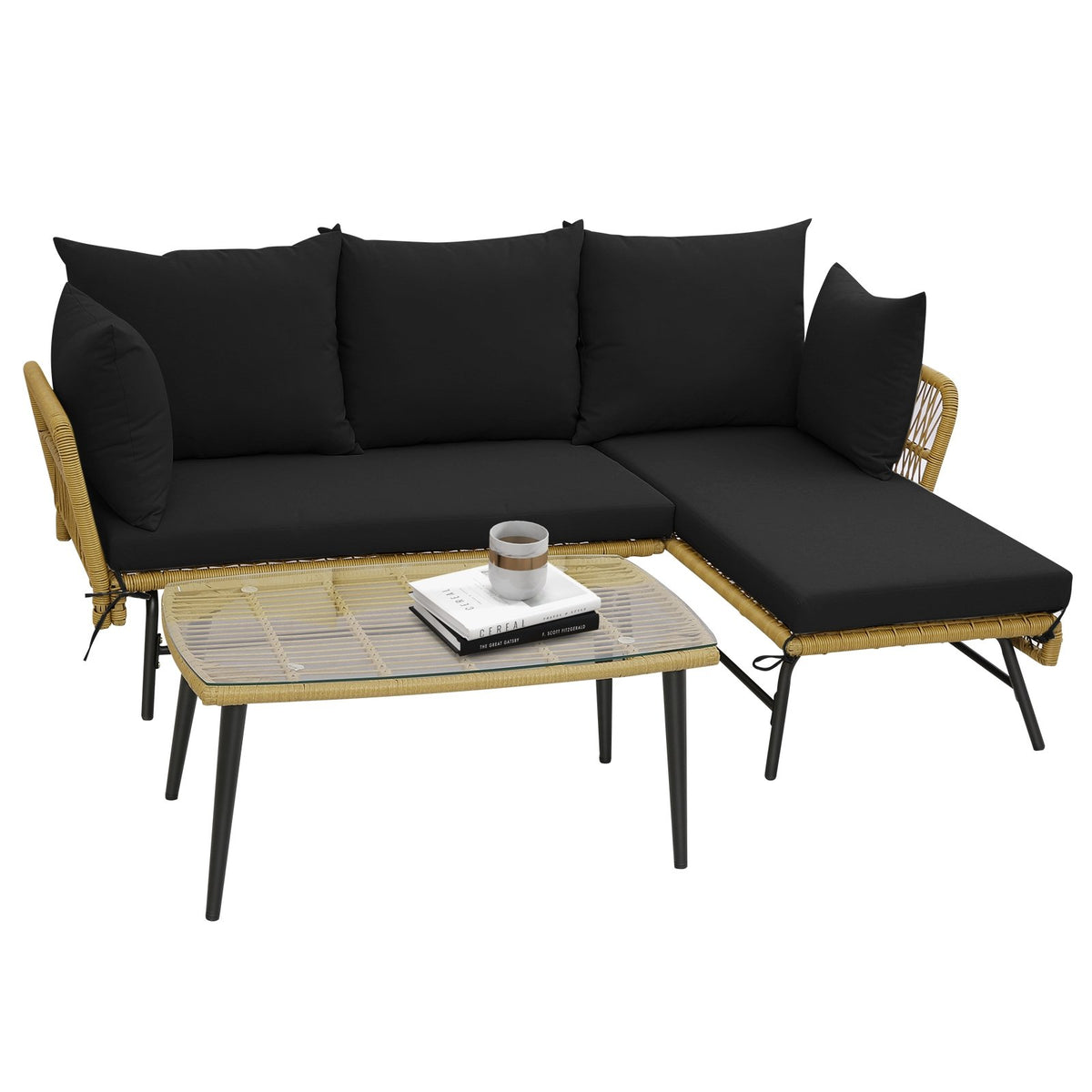 3 Pieces L-Shaped Patio Sofa with Cushions and Tempered Glass Table-Black view 4