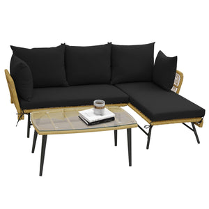 3 Pieces L-Shaped Patio Sofa with Cushions and Tempered Glass Table-Black view 4