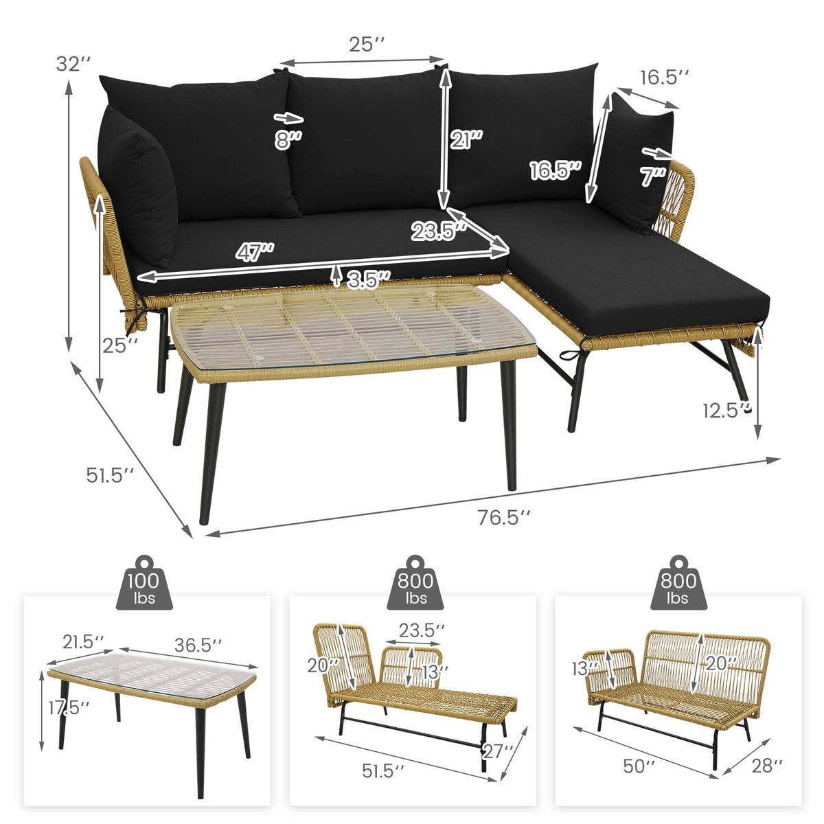 3 Pieces L-Shaped Patio Sofa with Cushions and Tempered Glass Table-Black view 5