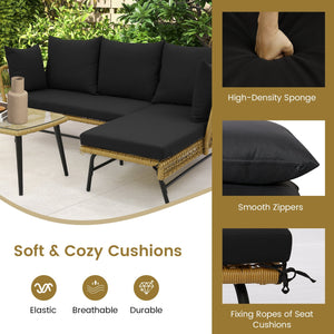 3 Pieces L-Shaped Patio Sofa with Cushions and Tempered Glass Table-Black view 7