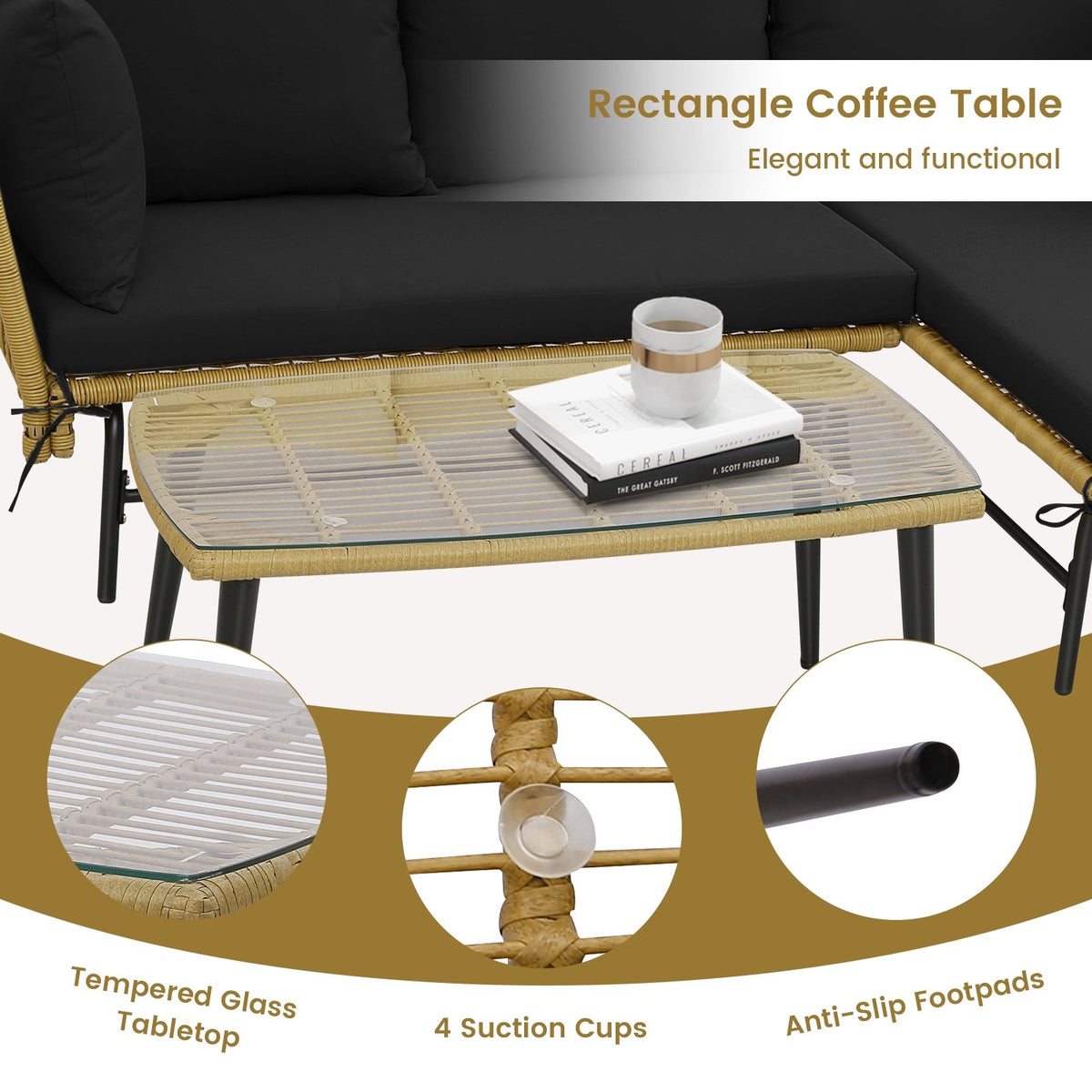 3 Pieces L-Shaped Patio Sofa with Cushions and Tempered Glass Table-Black view 8