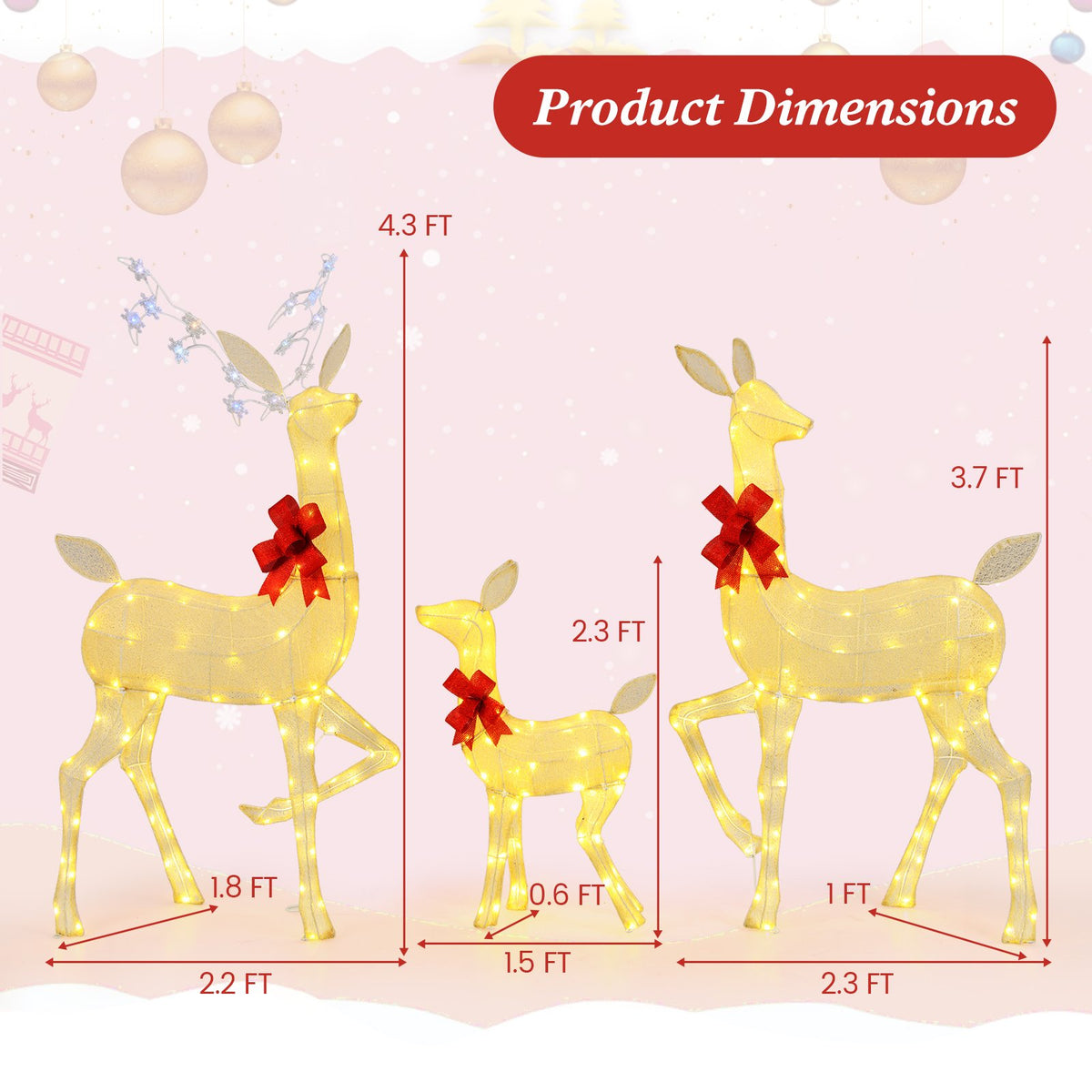 3 Pieces Lighted Family Deer Set with LED Lights and RGB Flashing Lights view 4