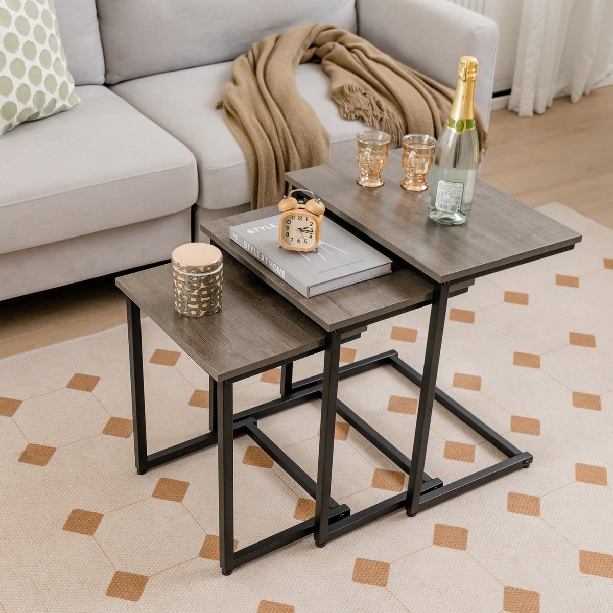 3 Pieces Multifunctional Coffee End Table Set-Oak view 2