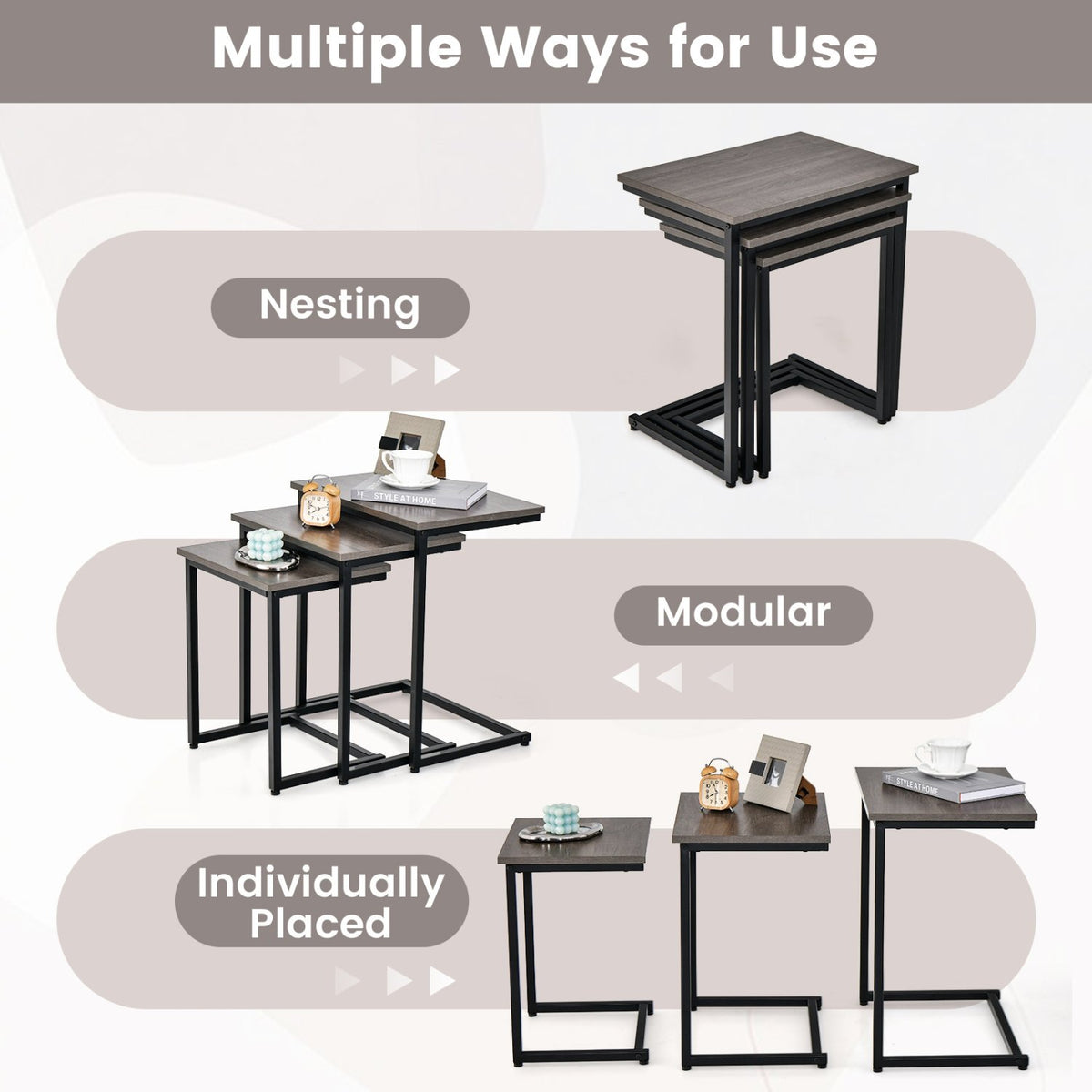3 Pieces Multifunctional Coffee End Table Set-Oak view 7