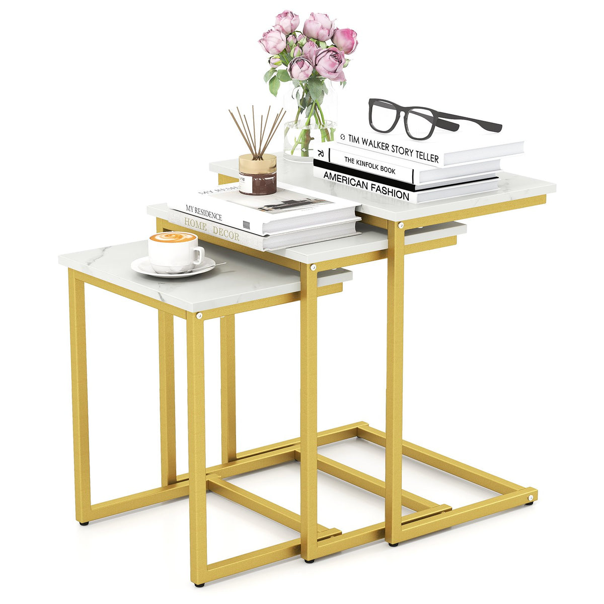 3 Pieces Multifunctional Coffee End Table Set-White view 4