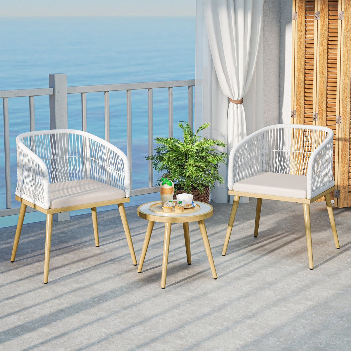 3 Pieces Outdoor Bistro PE Wicker Conversation Furniture Set-White view 2