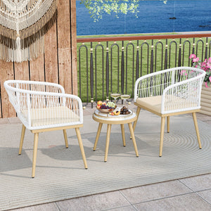 3 Pieces Outdoor Bistro PE Wicker Conversation Furniture Set-White view 3