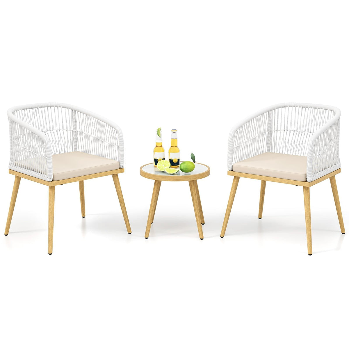 3 Pieces Outdoor Bistro PE Wicker Conversation Furniture Set-White view 4