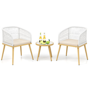3 Pieces Outdoor Bistro PE Wicker Conversation Furniture Set-White view 4