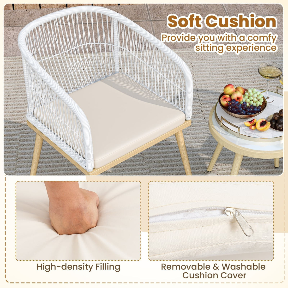 3 Pieces Outdoor Bistro PE Wicker Conversation Furniture Set-White view 8