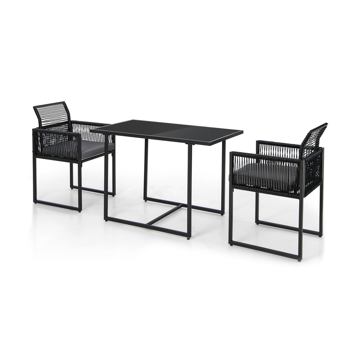 3 Pieces Outdoor Dining Set with Folding Backrest and Seat Cushions-Gray