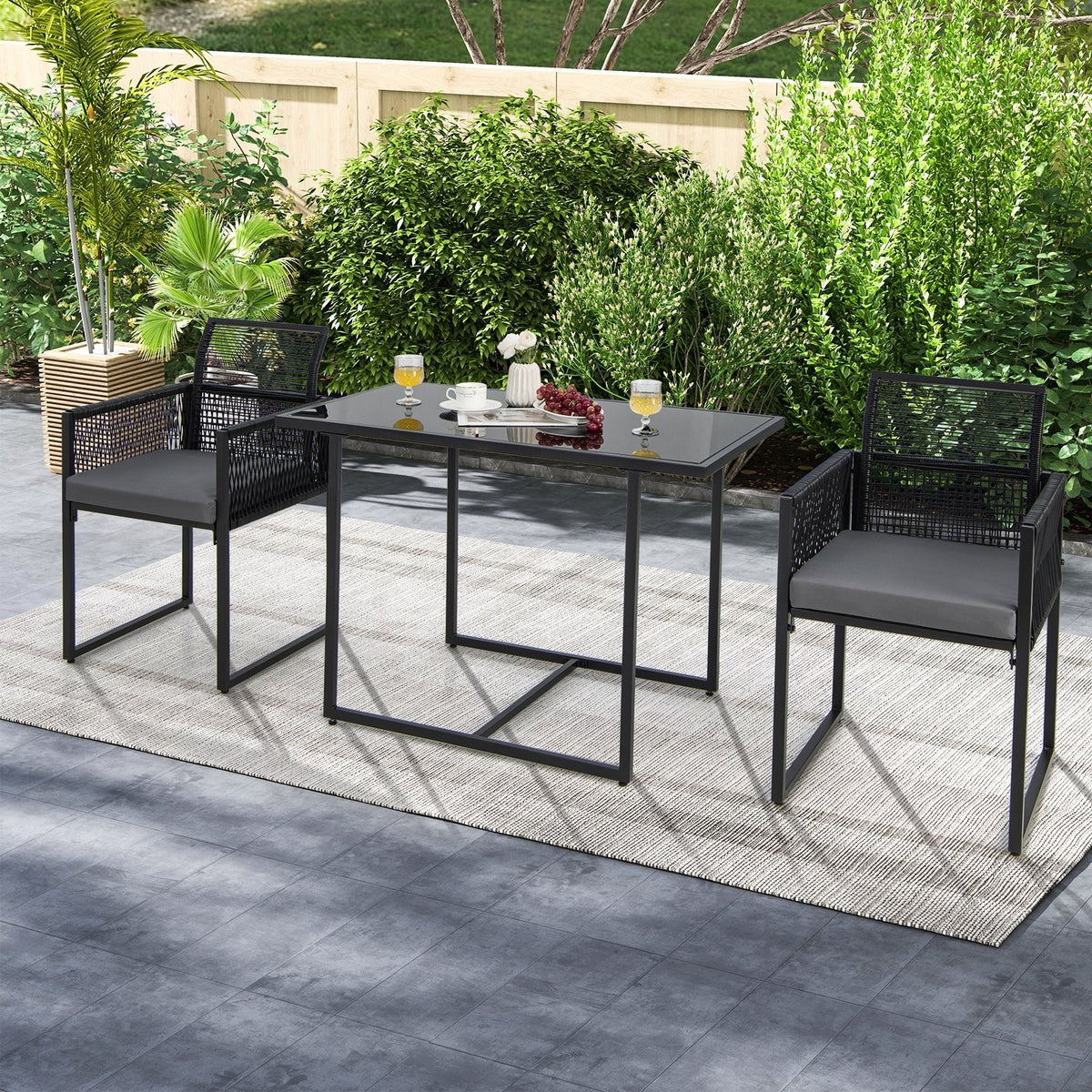 3 Pieces Outdoor Dining Set with Folding Backrest and Seat Cushions-Gray view 3