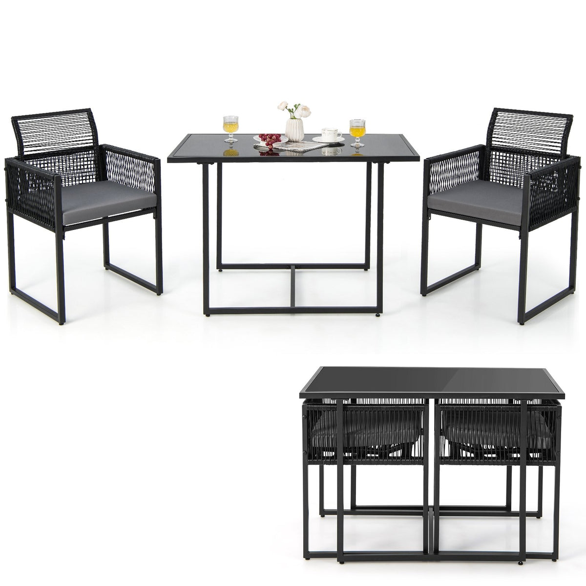3 Pieces Outdoor Dining Set with Folding Backrest and Seat Cushions-Gray view 4