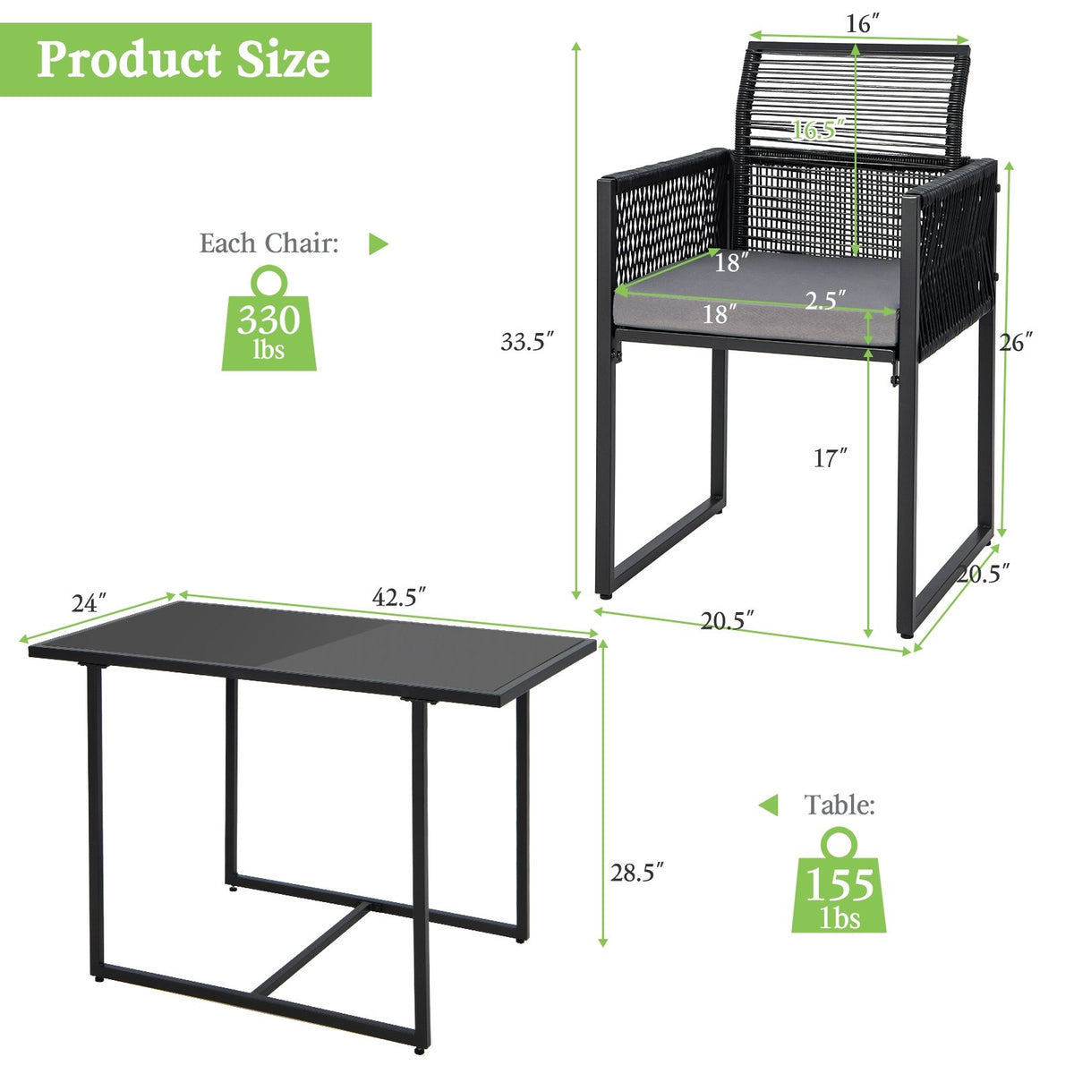 3 Pieces Outdoor Dining Set with Folding Backrest and Seat Cushions-Gray view 5