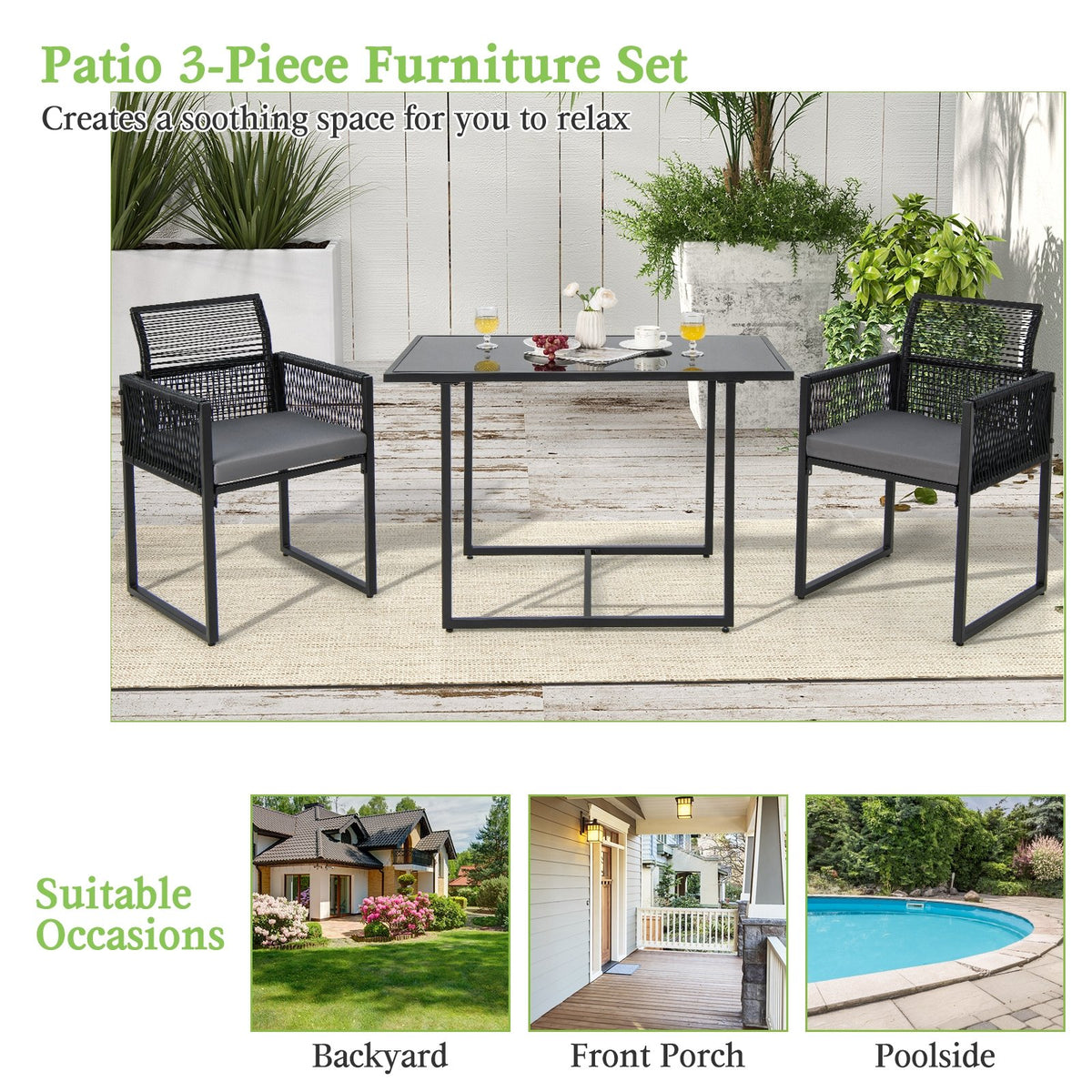 3 Pieces Outdoor Dining Set with Folding Backrest and Seat Cushions-Gray view 9