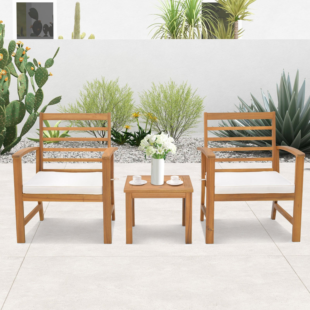 3 Pieces Outdoor Furniture Set with Soft Seat Cushions-White view 6
