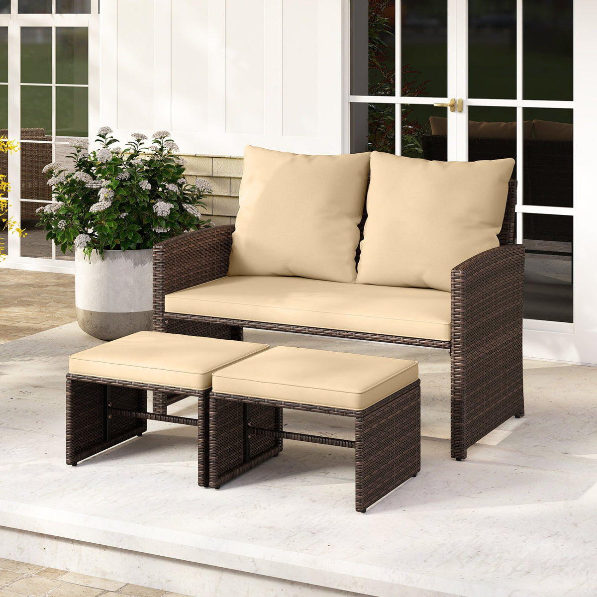 3 Pieces Outdoor Patio PE Wicker Furniture Set with Cushions-Beige view 2