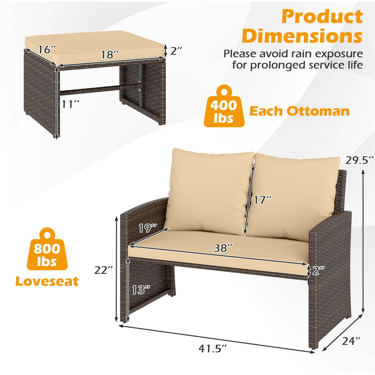 3 Pieces Outdoor Patio PE Wicker Furniture Set with Cushions-Beige view 5