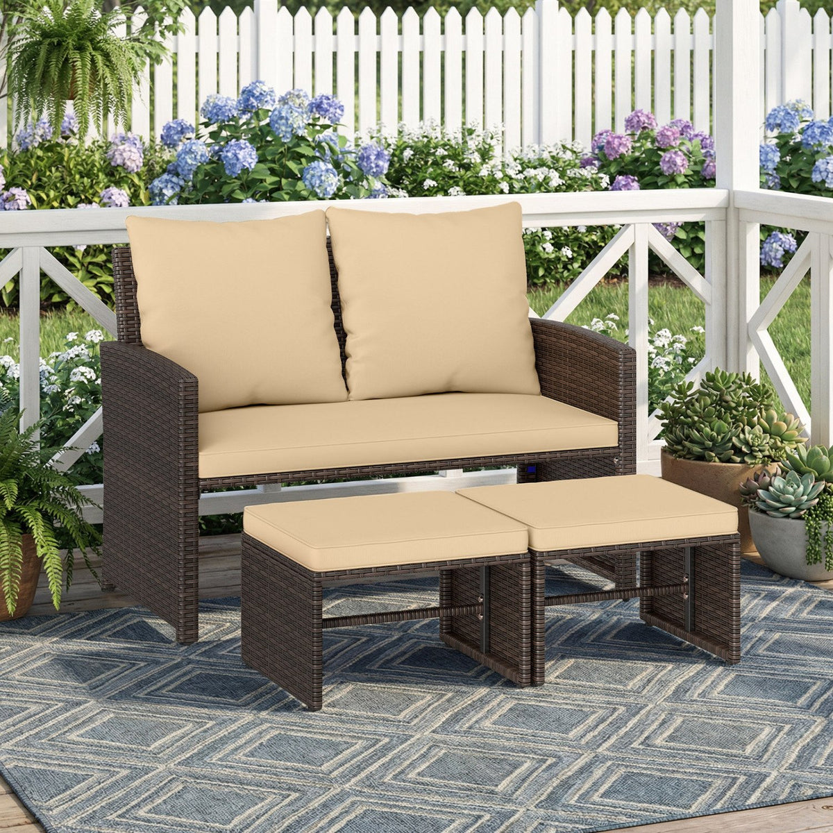 3 Pieces Outdoor Patio PE Wicker Furniture Set with Cushions-Beige view 6