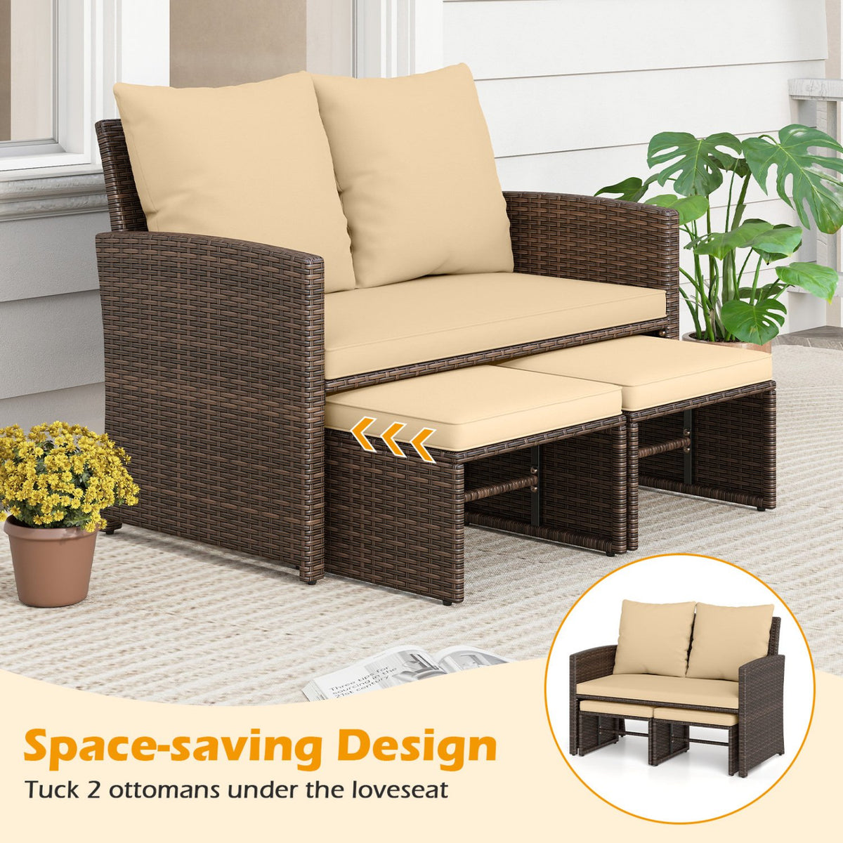 3 Pieces Outdoor Patio PE Wicker Furniture Set with Cushions-Beige view 8