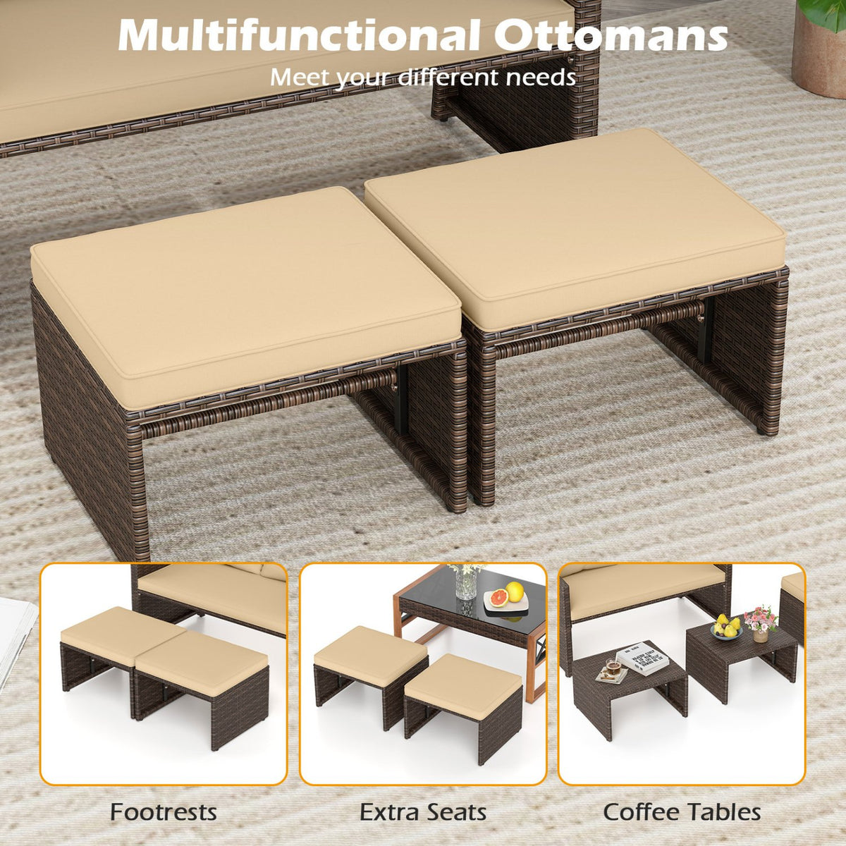 3 Pieces Outdoor Patio PE Wicker Furniture Set with Cushions-Beige view 9