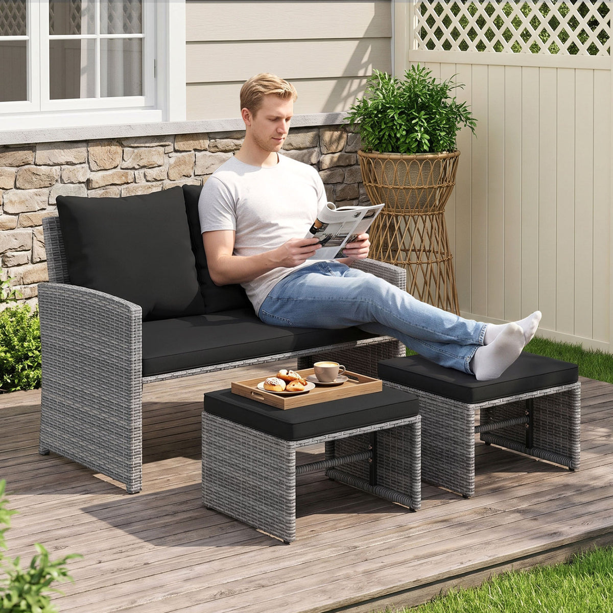 3 Pieces Outdoor Patio PE Wicker Furniture Set with Cushions-Gray view 3