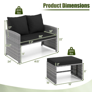 3 Pieces Outdoor Patio PE Wicker Furniture Set with Cushions-Gray view 4
