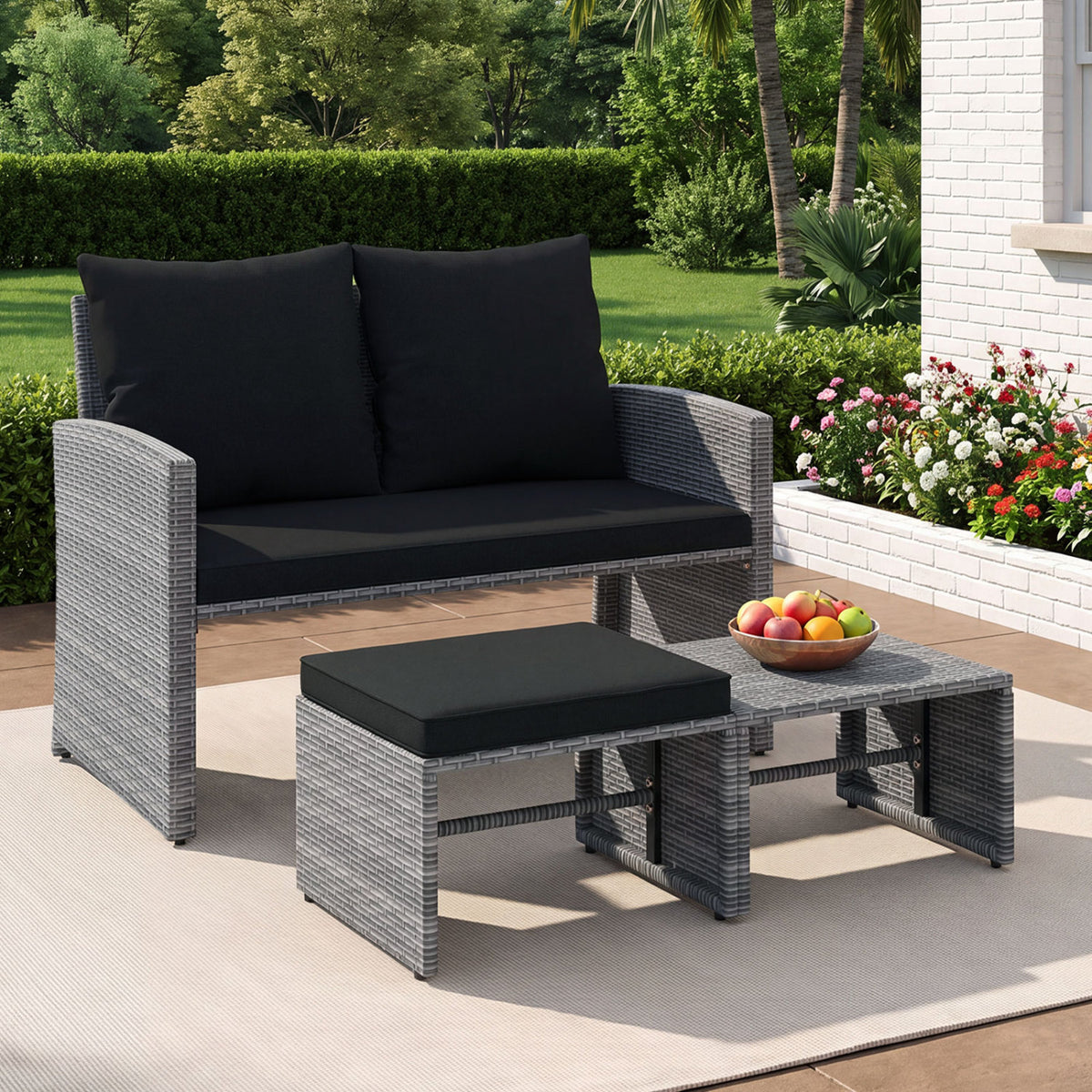 3 Pieces Outdoor Patio PE Wicker Furniture Set with Cushions-Gray view 5