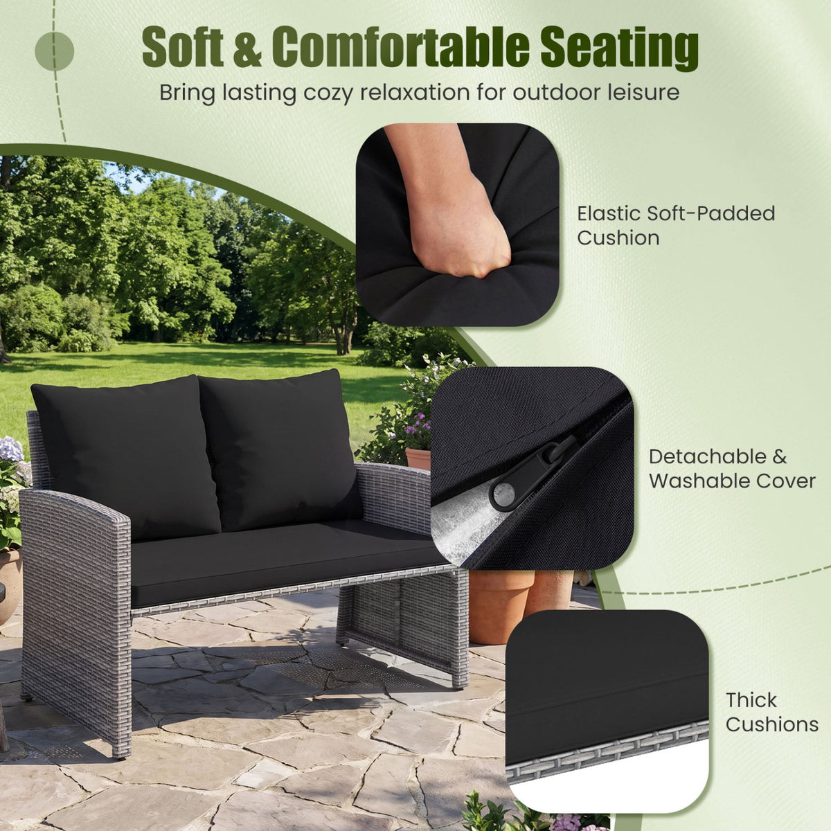 3 Pieces Outdoor Patio PE Wicker Furniture Set with Cushions-Gray view 6
