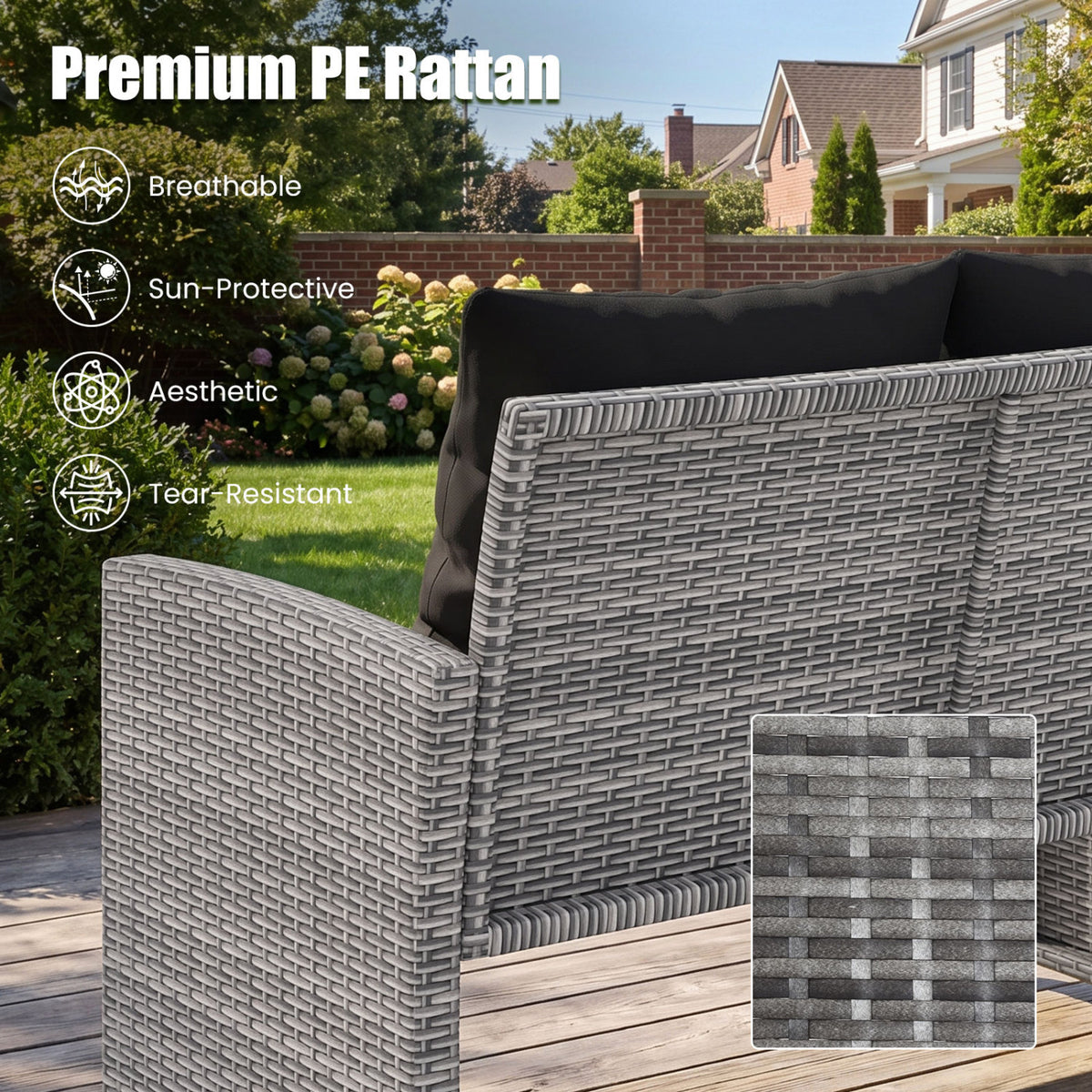 3 Pieces Outdoor Patio PE Wicker Furniture Set with Cushions-Gray view 7