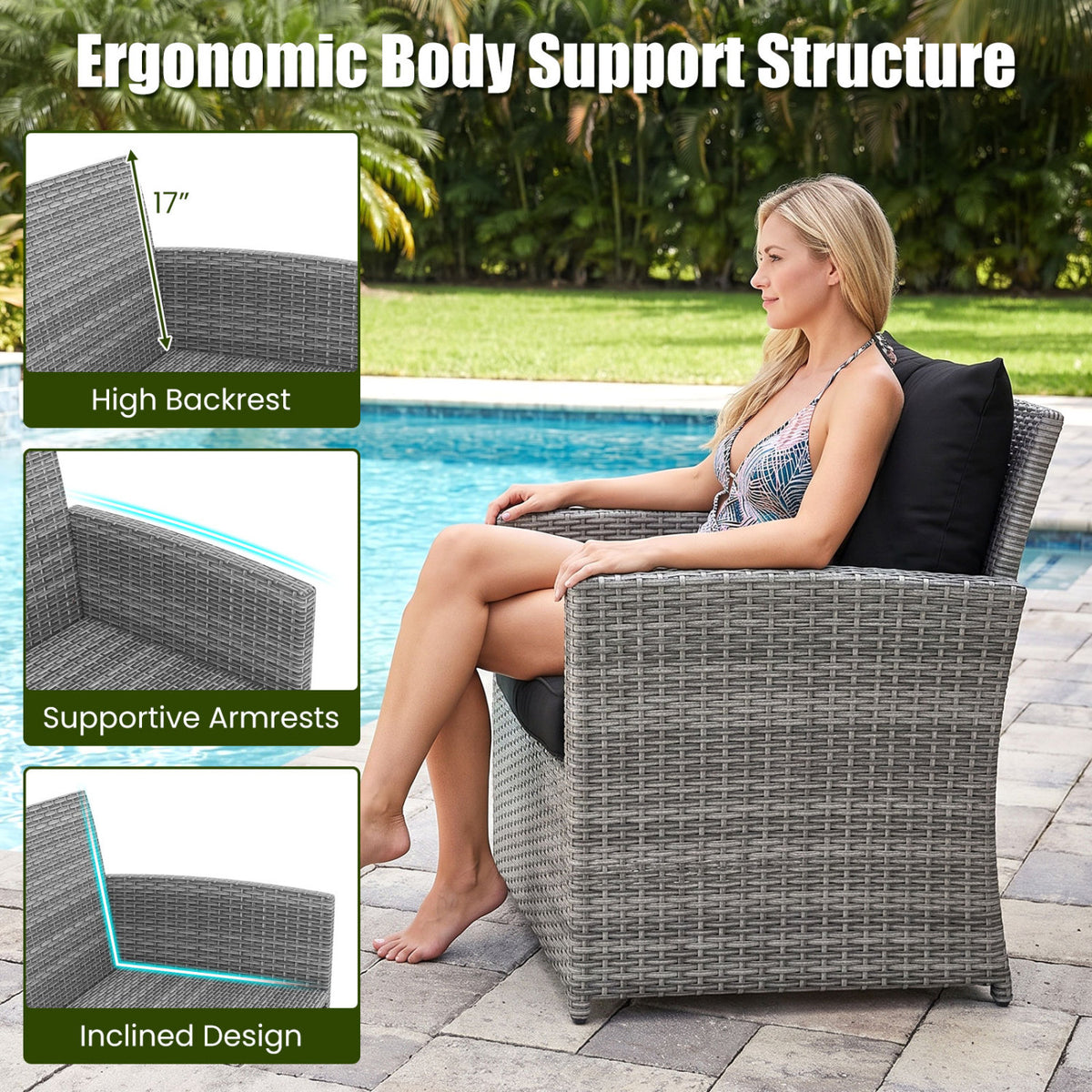 3 Pieces Outdoor Patio PE Wicker Furniture Set with Cushions-Gray view 8