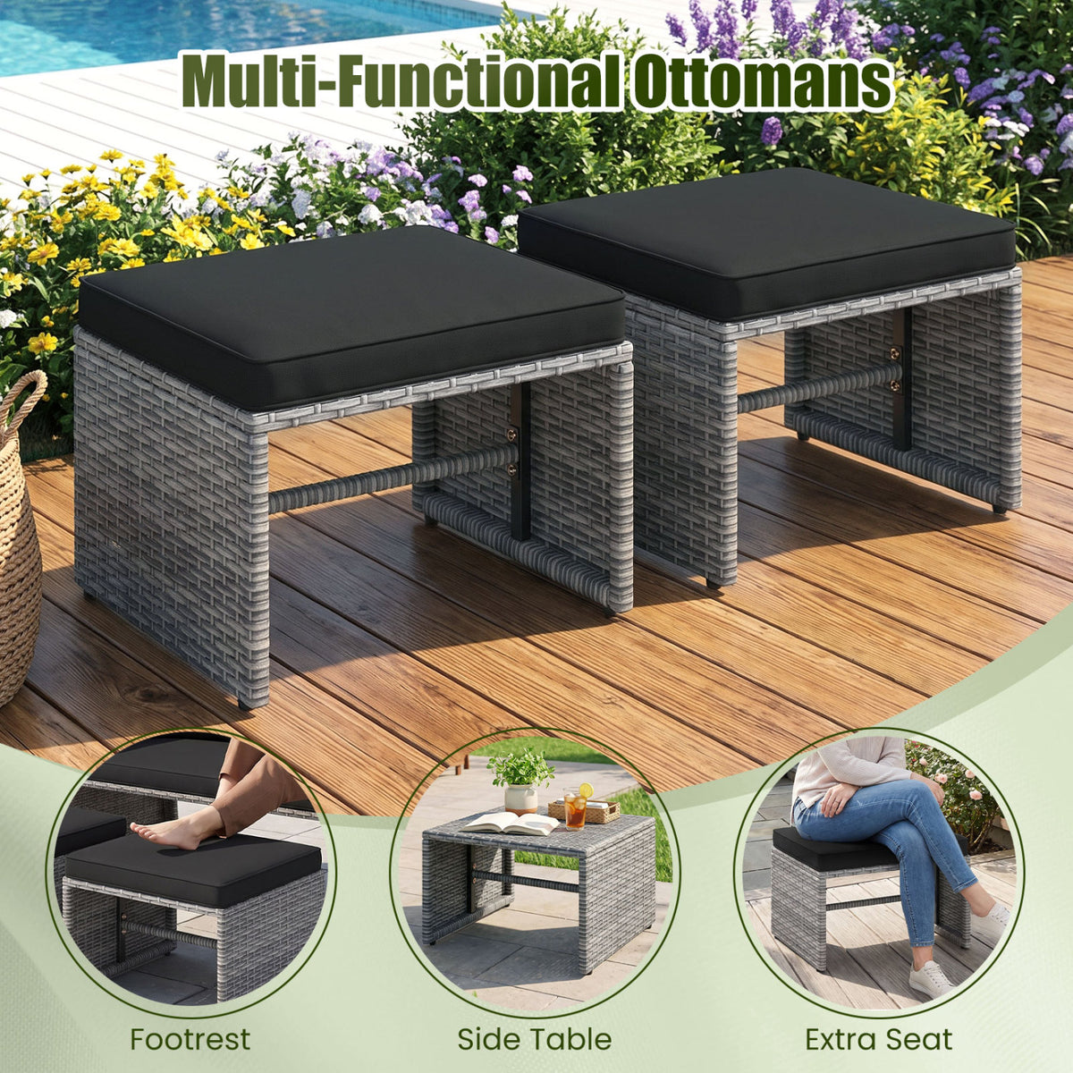 3 Pieces Outdoor Patio PE Wicker Furniture Set with Cushions-Gray view 9
