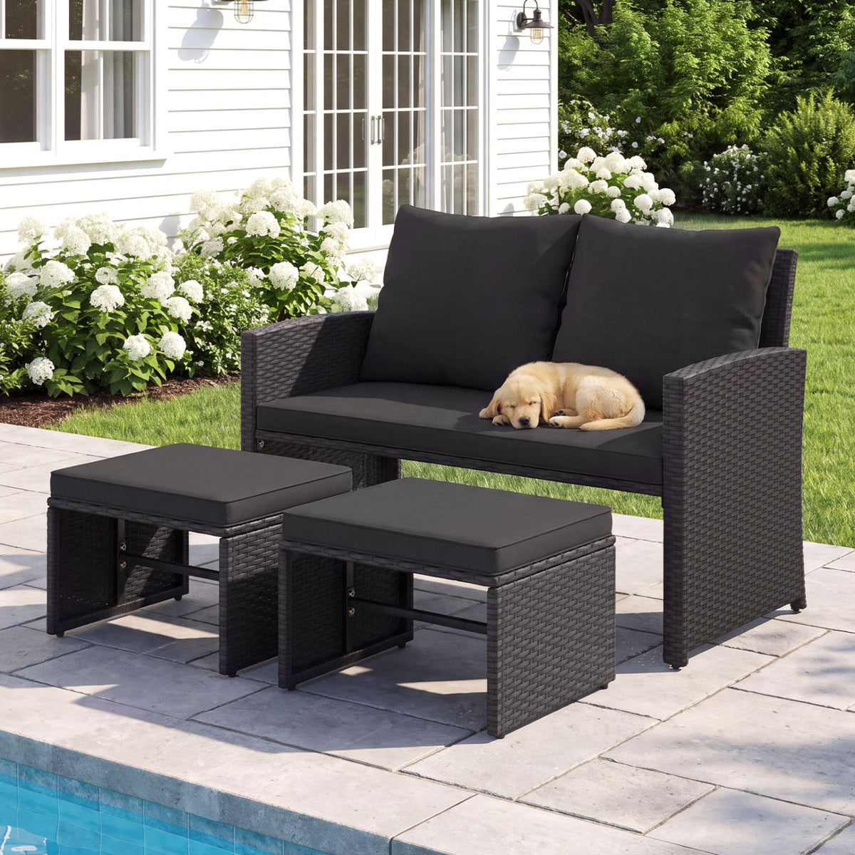 3 Pieces Outdoor Patio PE Wicker Furniture Set with Cushions-Black color view 2