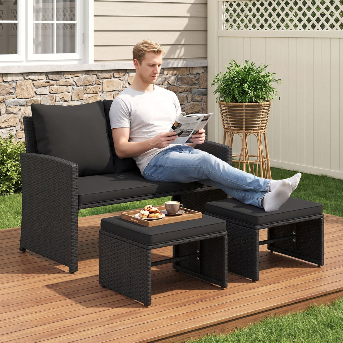 3 Pieces Outdoor Patio PE Wicker Furniture Set with Cushions-Black color view 3