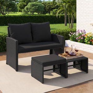 3 Pieces Outdoor Patio PE Wicker Furniture Set with Cushions-Black color view 5