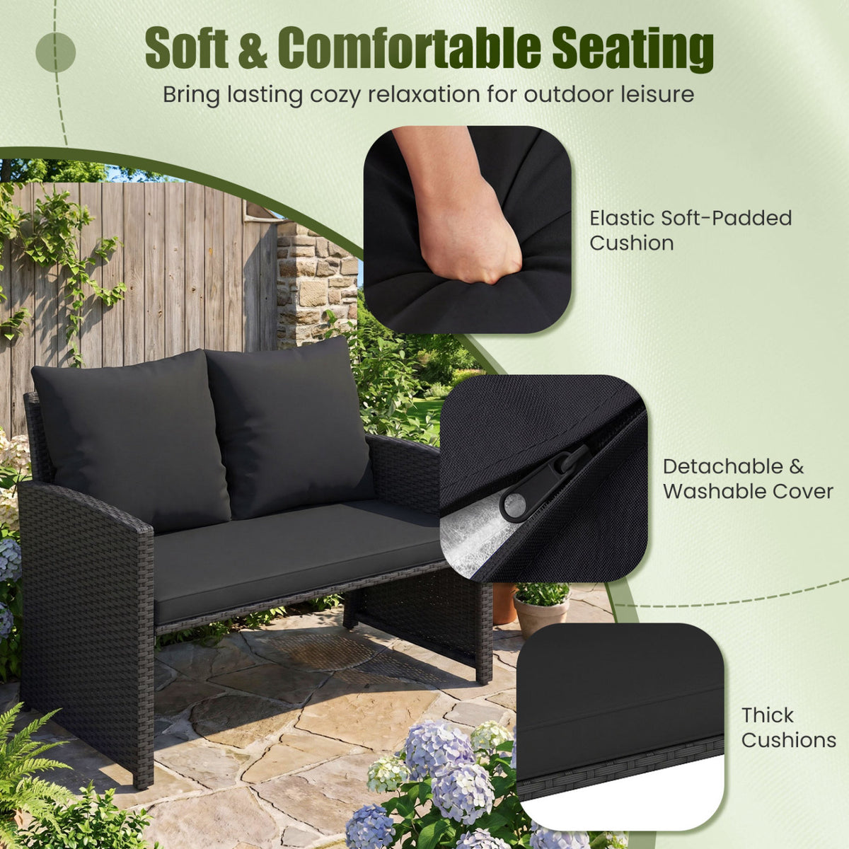 3 Pieces Outdoor Patio PE Wicker Furniture Set with Cushions-Black color view 6