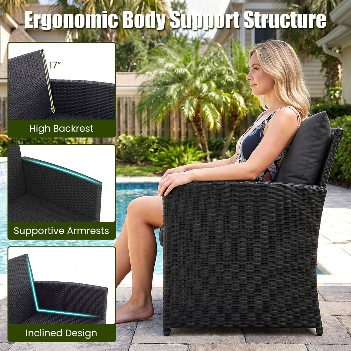 3 Pieces Outdoor Patio PE Wicker Furniture Set with Cushions-Black color view 8