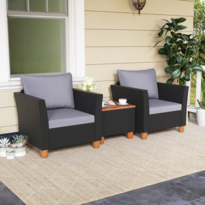 3 Pieces Outdoor Patio Wicker Furniture Set with Cushions and Acacia Wood Coffee Table-Gray view 2