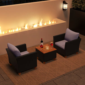 3 Pieces Outdoor Patio Wicker Furniture Set with Cushions and Acacia Wood Coffee Table-Gray view 3