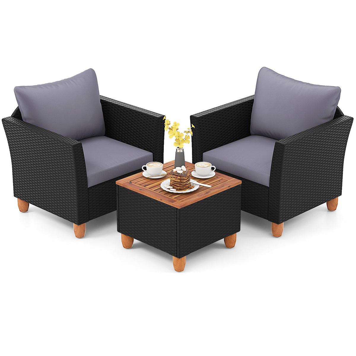 3 Pieces Outdoor Patio Wicker Furniture Set with Cushions and Acacia Wood Coffee Table-Gray view 4
