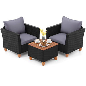 3 Pieces Outdoor Patio Wicker Furniture Set with Cushions and Acacia Wood Coffee Table-Gray view 4