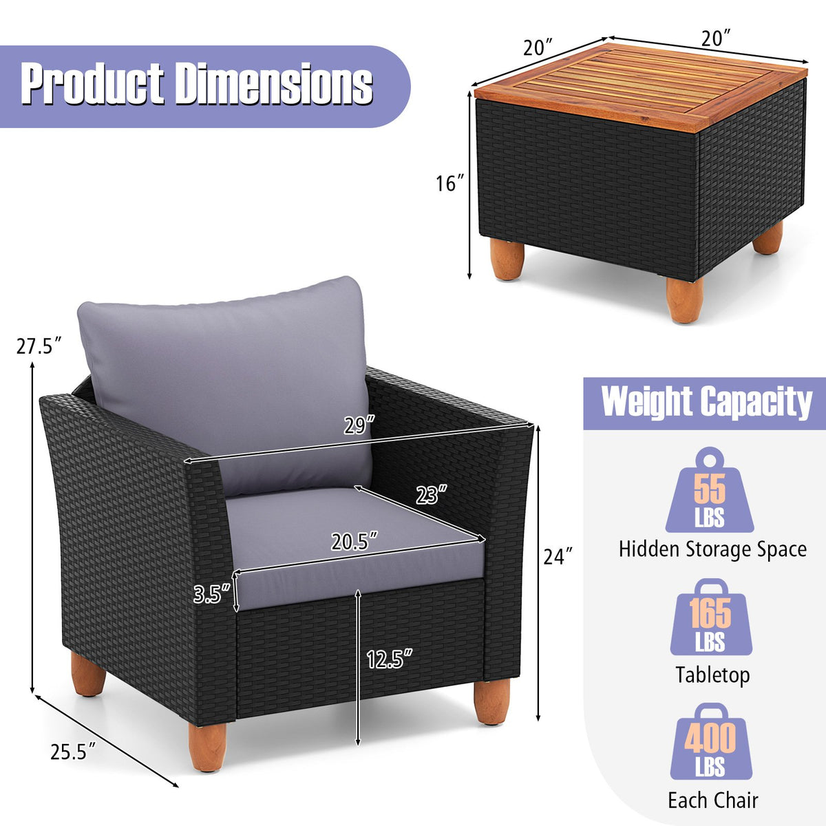 3 Pieces Outdoor Patio Wicker Furniture Set with Cushions and Acacia Wood Coffee Table-Gray view 5