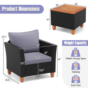 3 Pieces Outdoor Patio Wicker Furniture Set with Cushions and Acacia Wood Coffee Table-Gray view 5