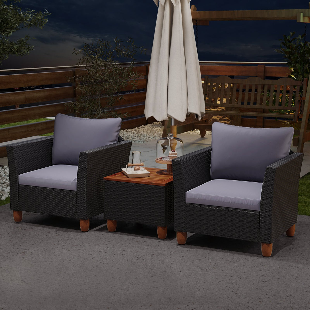3 Pieces Outdoor Patio Wicker Furniture Set with Cushions and Acacia Wood Coffee Table-Gray view 6